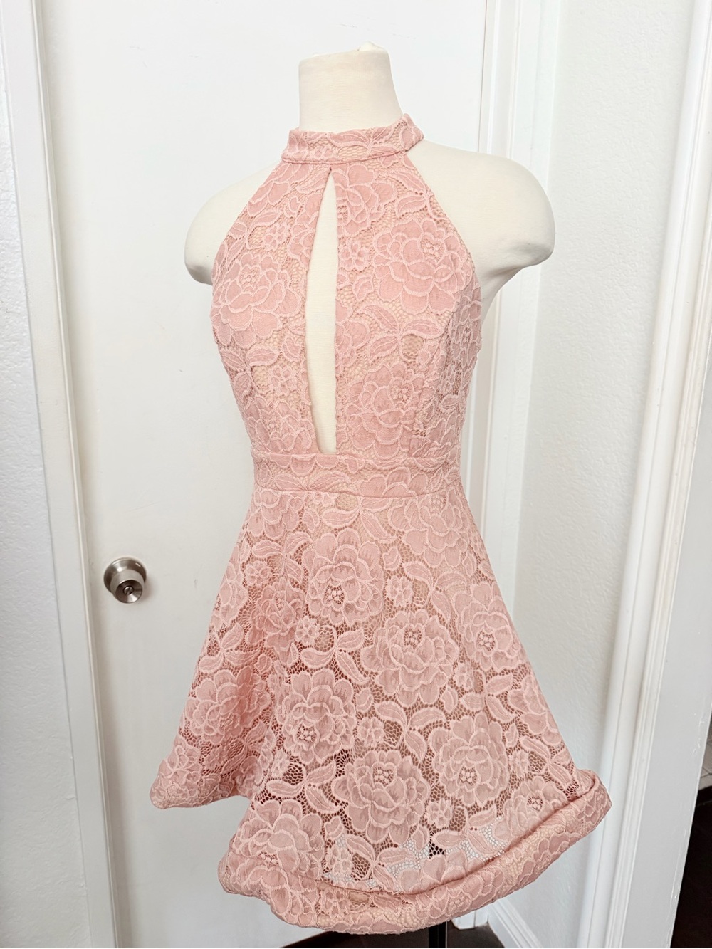 Windsor Blush Lace Halter Mini Dress